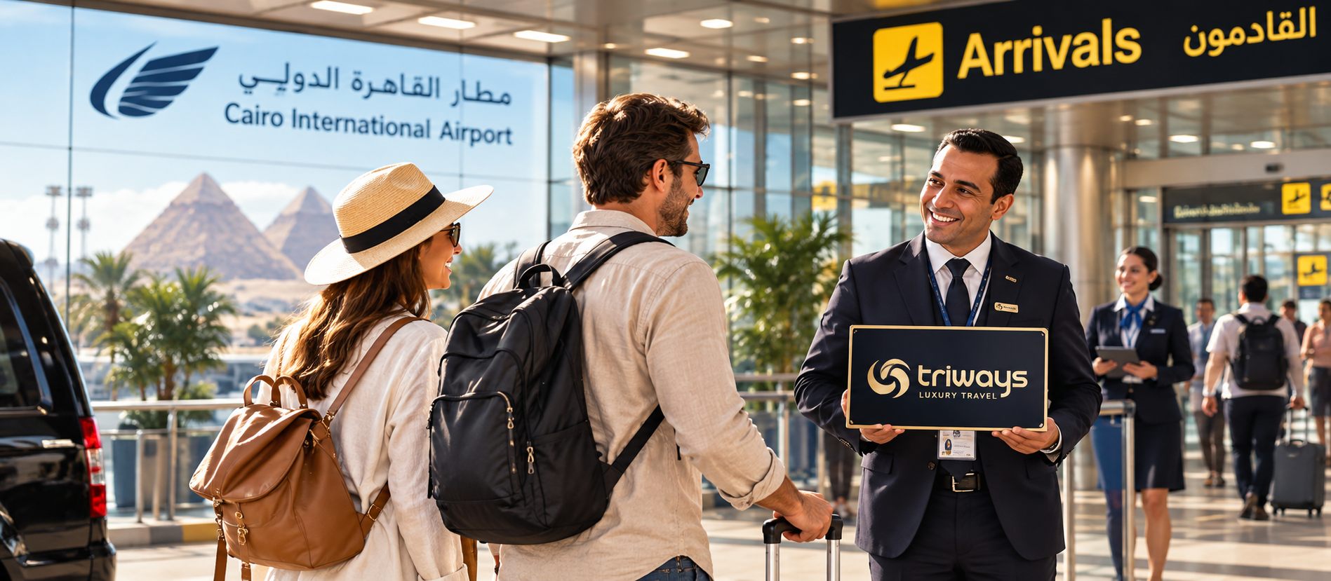 A Triways representative greeting arriving travellers in an airport arrivals hall