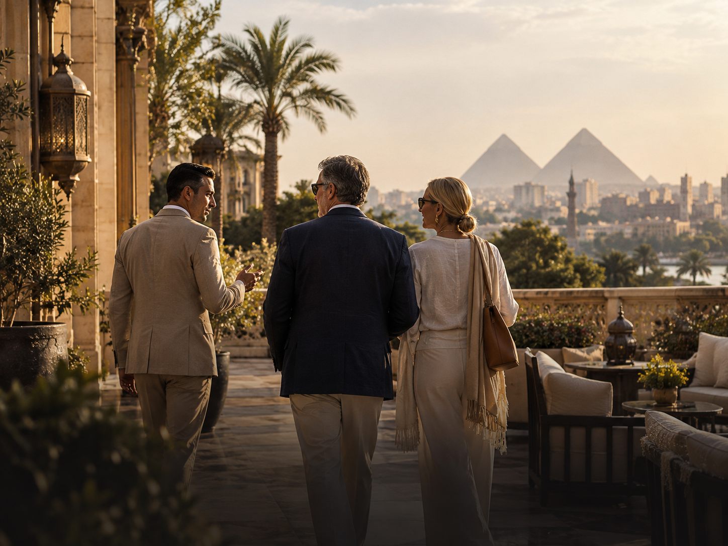 A Triways host walking two guests along a Cairo terrace at golden hour, the Pyramids of Giza on the horizon