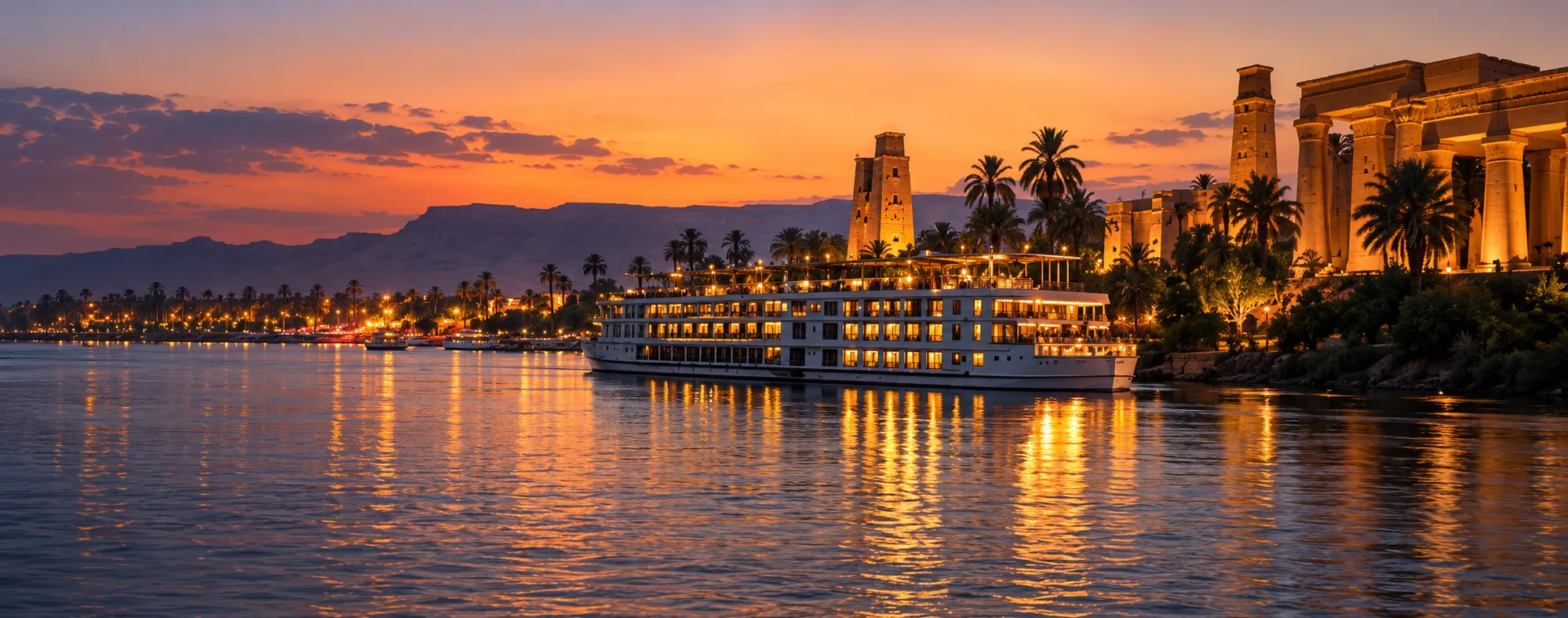 A Nile cruise ship lit up at dusk on the river, beside illuminated temple pylons and palms