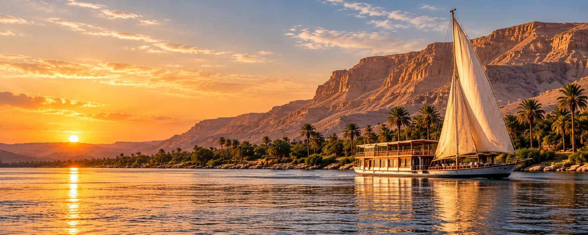 A dahabiya under full sail on the Nile at sunset, beneath desert cliffs and a line of palms